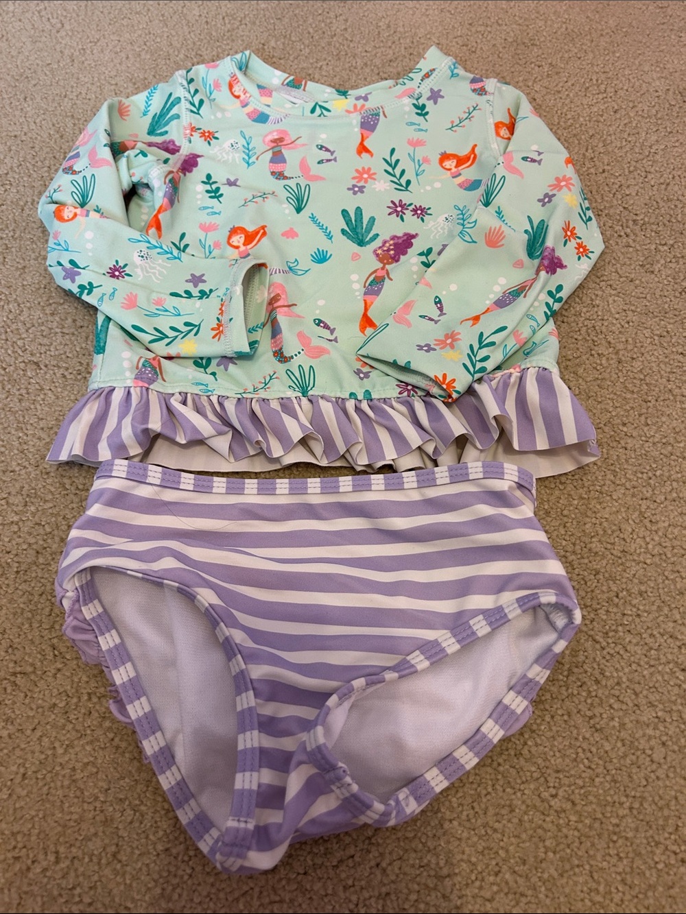 Ruffle Butts Mint Mermaid Rash Guard with Lavender Striped Bottoms